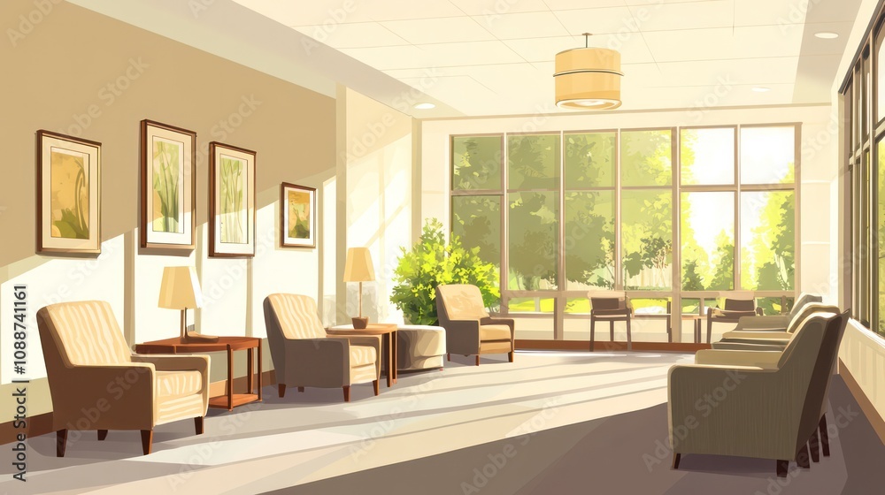 Simplistic senior living, serene space with minimal furniture, senior appreciating clean aesthetics, illustrations. Simplistic senior living, serene space with minimal furniture, senior appreciating clean aesthetics, illustrations.