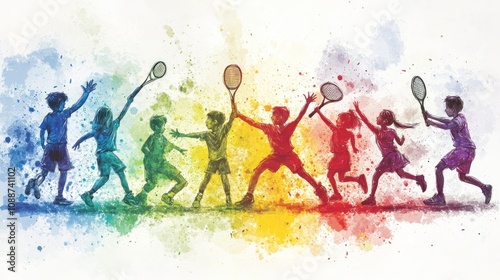 Colorful illustration of children playing tennis, showcasing joy and movement.