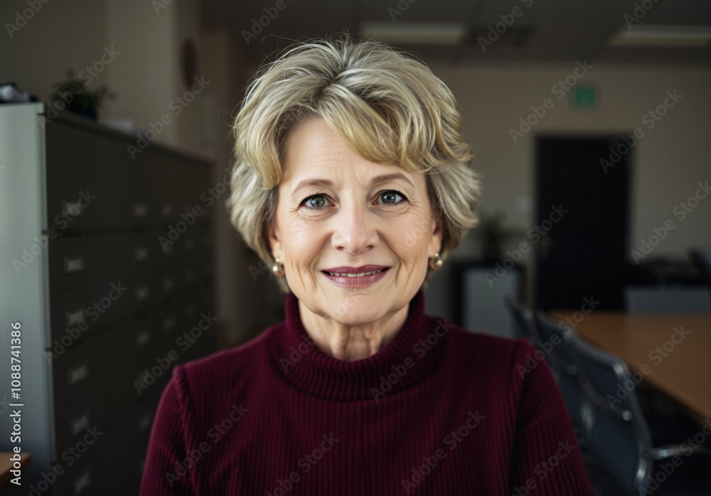 woman in her 60s or 70s, payroll manager in a small office, corduroy sweater, contemplated and excellent, filing cabinets, meeting room table woman in her 60s or 70s, payroll manager in a small office, corduroy sweater, contemplated and excellent, filing cabinets, meeting room table