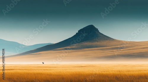 A serene landscape featuring a prominent hill surrounded by golden grasslands and distant mountains under a clear, blue sky.