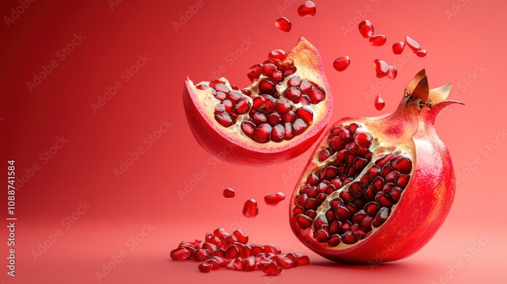 A vibrant pomegranate split open, showcasing its juicy seeds against a red background. A vibrant pomegranate split open, showcasing its juicy seeds against a red background.