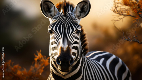 Close-up portrait of a zebra against the background of the savannah.