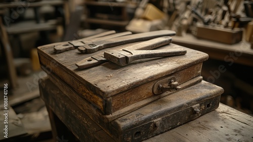 A rustic wooden box with various old tools resting on top, set in a workshop filled with craftsmanship and vintage aesthetics.