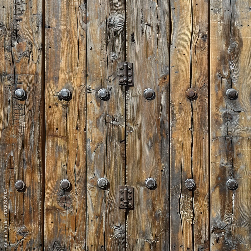 Weathered wooden door with rusty hinges and metal fasteners. Weathered wooden door with rusty hinges and metal fasteners.