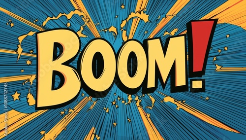In vibrant colors, a comic-style explosion features boom text