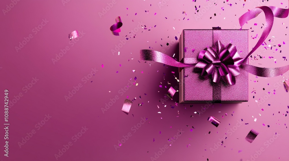 A pink box with a bow on top of it is surrounded by glitter A pink box with a bow on top of it is surrounded by glitter