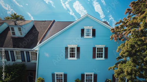 From a bird's eye perspective, the serene sky blue house with traditional windows and shutters blends harmoniously into the suburban landscape, mirroring the clear blue sky above on a tranquil day.