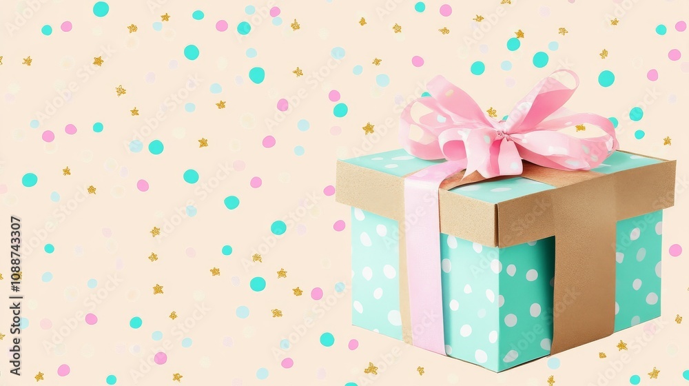 A box with a pink ribbon on top of a colorful background A box with a pink ribbon on top of a colorful background