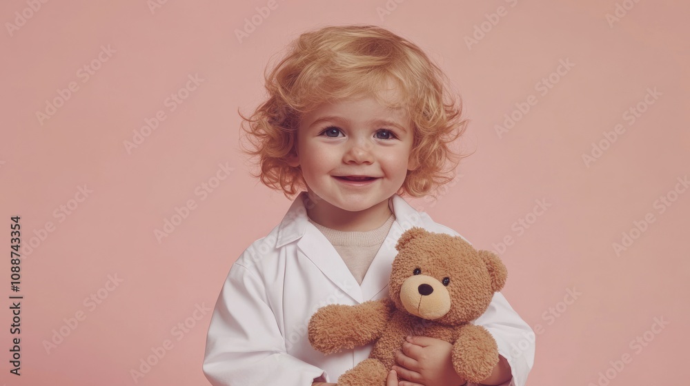 A cheerful child in a white lab coat holds a teddy bear against a soft pink background. A cheerful child in a white lab coat holds a teddy bear against a soft pink background.
