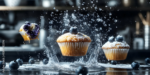 A Close-up of a Blueberry Muffin Suspended in Mid-Air, Surrounded by Water Droplets and Powdered Sugar, with a Blurred Background of a Kitchen