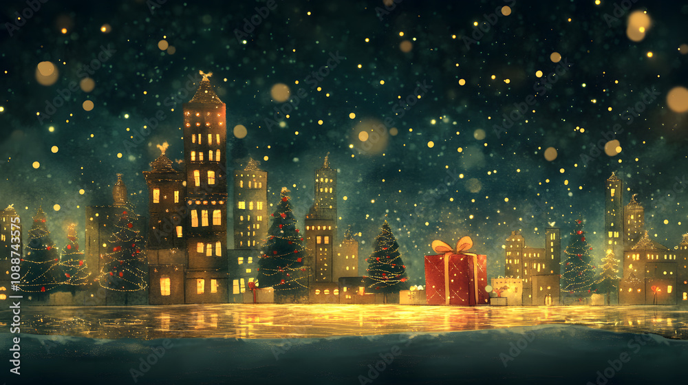Land with buildings, big Christmas gifts, different shapes, golden river, snowy trees, sky full of Christmas lights, elegant, simple style, dark sky, gold, dark green, red. Land with buildings, big Christmas gifts, different shapes, golden river, snowy trees, sky full of Christmas lights, elegant, simple style, dark sky, gold, dark green, red.