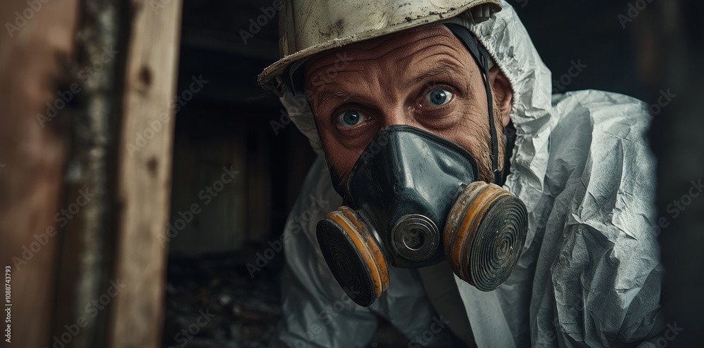 An asbestos removal specialist dismantles hazardous materials from an old building with great care An asbestos removal specialist dismantles hazardous materials from an old building with great care