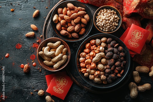 A Chinese calligraphy snack tray and traditional Lunar New Year snack