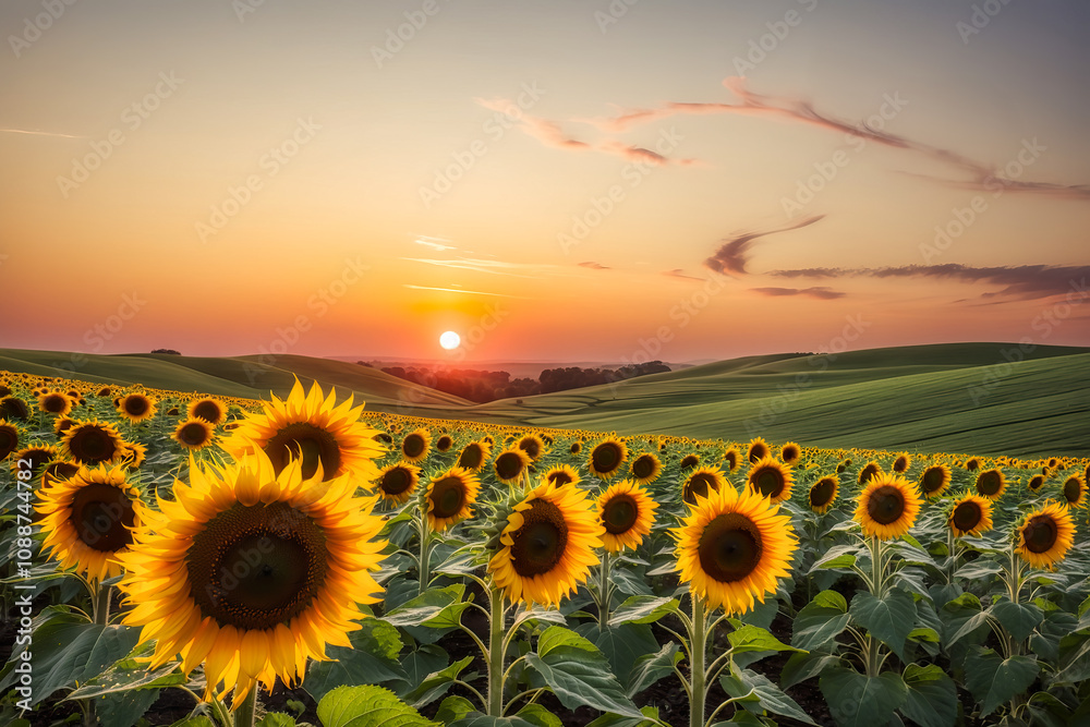 Obraz premium Sunflowers field and sunset sky. AI Generated
