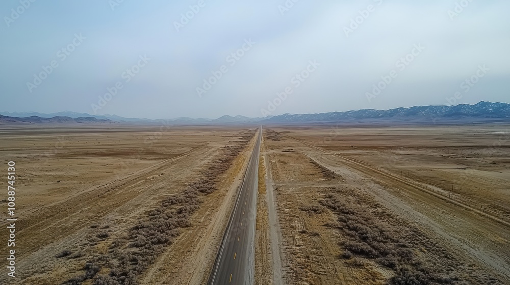 Vast Open Road Stretching into the Horizon in a Barren Desert Landscape Surrounded by Mountains and a Clear Sky Vast Open Road Stretching into the Horizon in a Barren Desert Landscape Surrounded by Mountains and a Clear Sky