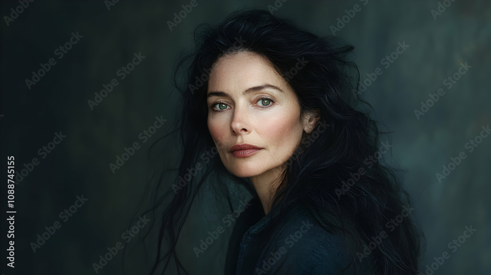 A woman with long black hair looks directly at the camera with a serious expression, captured in a portrait setting. A woman with long black hair looks directly at the camera with a serious expression, captured in a portrait setting.