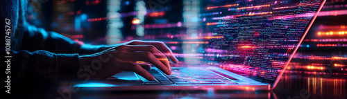 A Person's Hands Typing on a Laptop Keyboard with Code on the Screen in a Dark Room with Neon Lights