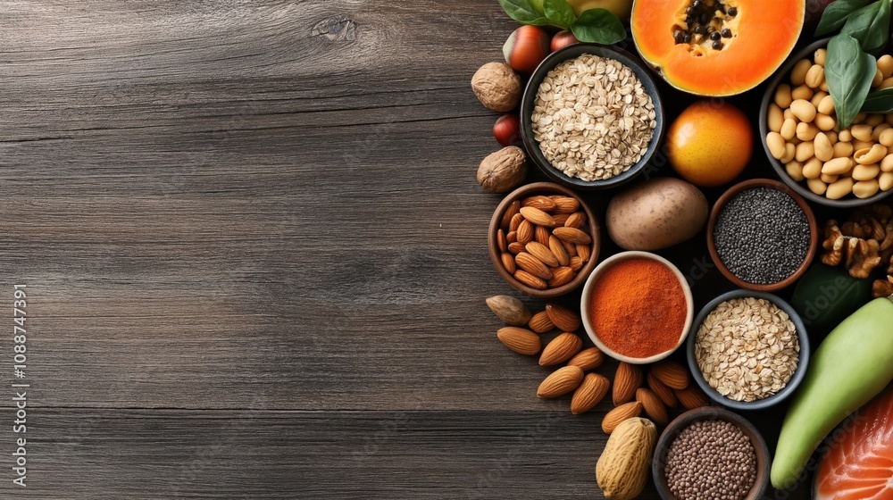 Variety of healthy food ingredients including nuts, seeds, grains, fruits, and fish arranged on a wooden table surface showcasing diverse nutritional options. Variety of healthy food ingredients including nuts, seeds, grains, fruits, and fish arranged on a wooden table surface showcasing diverse nutritional options.