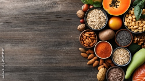 Variety of healthy food ingredients including nuts, seeds, grains, fruits, and fish arranged on a wooden table surface showcasing diverse nutritional options.