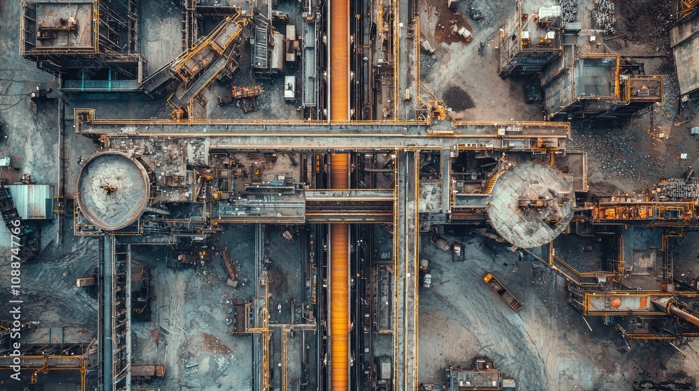 Aerial View of Industrial Facility Showing Production Lines and Machinery in Operation, Highlighting Metal Processing and Transportation Systems Aerial View of Industrial Facility Showing Production Lines and Machinery in Operation, Highlighting Metal Processing and Transportation Systems