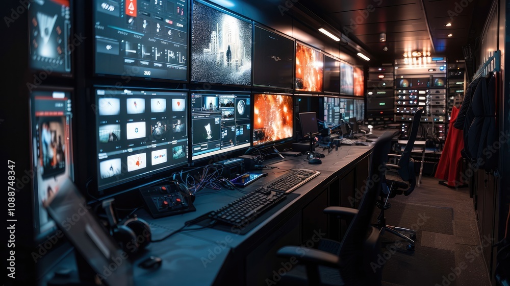 A neon-lit studio filled with surreal screens showcasing various content creation tools, illuminated by electric blue lights. A neon-lit studio filled with surreal screens showcasing various content creation tools, illuminated by electric blue lights.