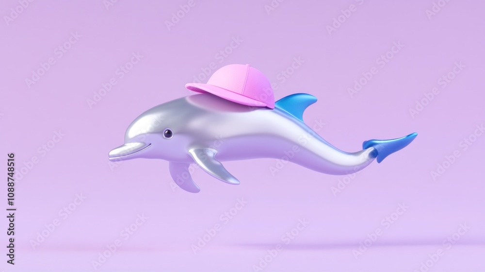 A playful dolphin wearing a pink hat, set against a soft purple background.