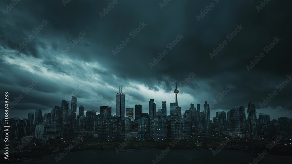 Obraz premium A panoramic image of an apocalypse city skyline under a dark, foreboding sky, evoking a sense of despair