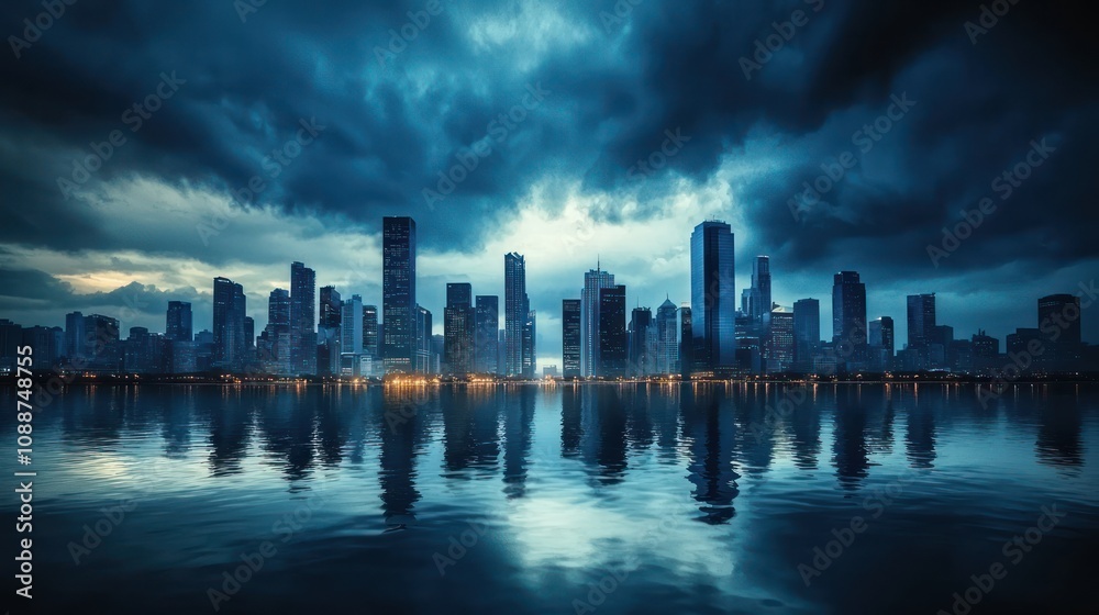 Fototapeta premium A panoramic image of an apocalypse city skyline under a dark, foreboding sky, evoking a sense of despair