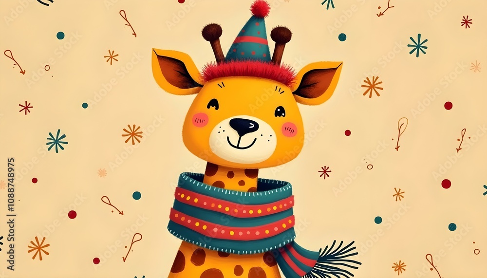 Naklejka premium Cute Giraffe in Winter Scarf Holiday Card Design