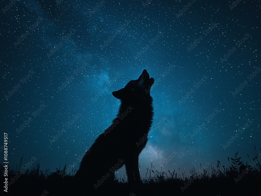 wolf howling at moon under clear night sky filled with stars evokes sense of wilderness and tranquility. silhouette of wolf stands out against vibrant celestial backdrop wolf howling at moon under clear night sky filled with stars evokes sense of wilderness and tranquility. silhouette of wolf stands out against vibrant celestial backdrop