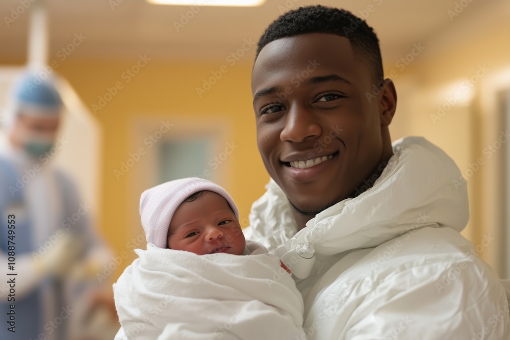 African American dark-skinned happy man holds newborn in medical ward against the background of a doctor, joint partner childbirth, father African American dark-skinned happy man holds newborn in medical ward against the background of a doctor, joint partner childbirth, father