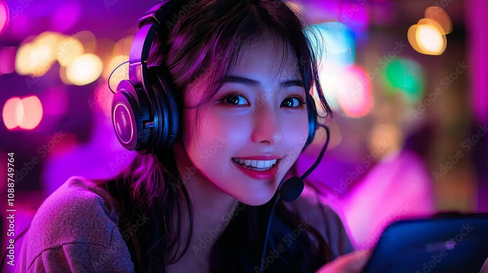 A happy Asian gamer wears headphones to play video games online with her smartphone, discussing with a friend as she sits on the couch at home in a colorful neon light living room. A happy Asian gamer wears headphones to play video games online with her smartphone, discussing with a friend as she sits on the couch at home in a colorful neon light living room.
