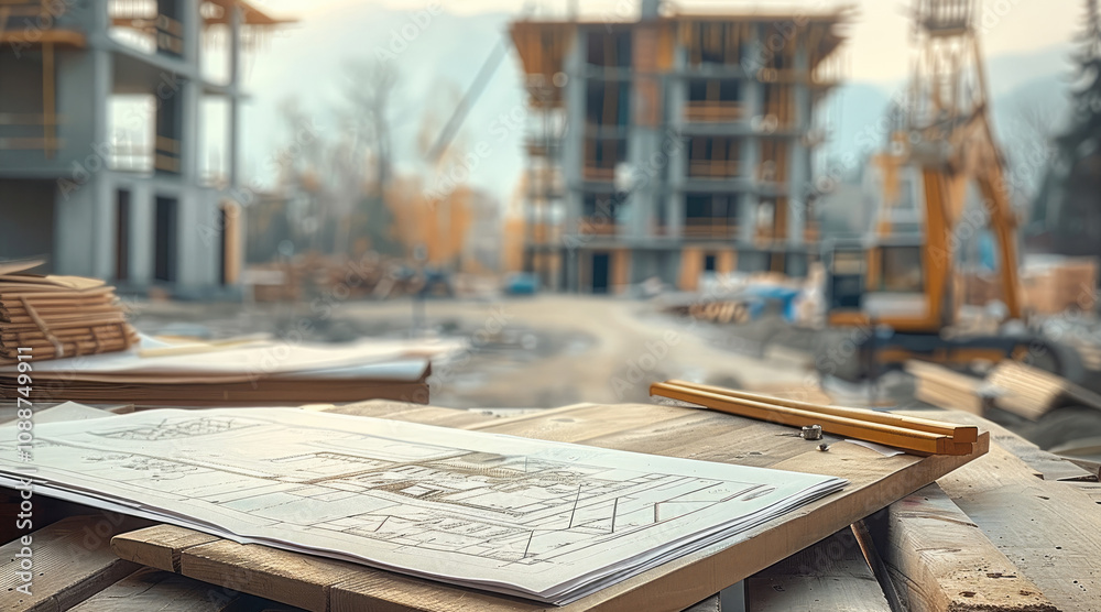 Table with architectural design, construction schedule sheets and in the background a residential project under construction at the construction site. Table with architectural design, construction schedule sheets and in the background a residential project under construction at the construction site.