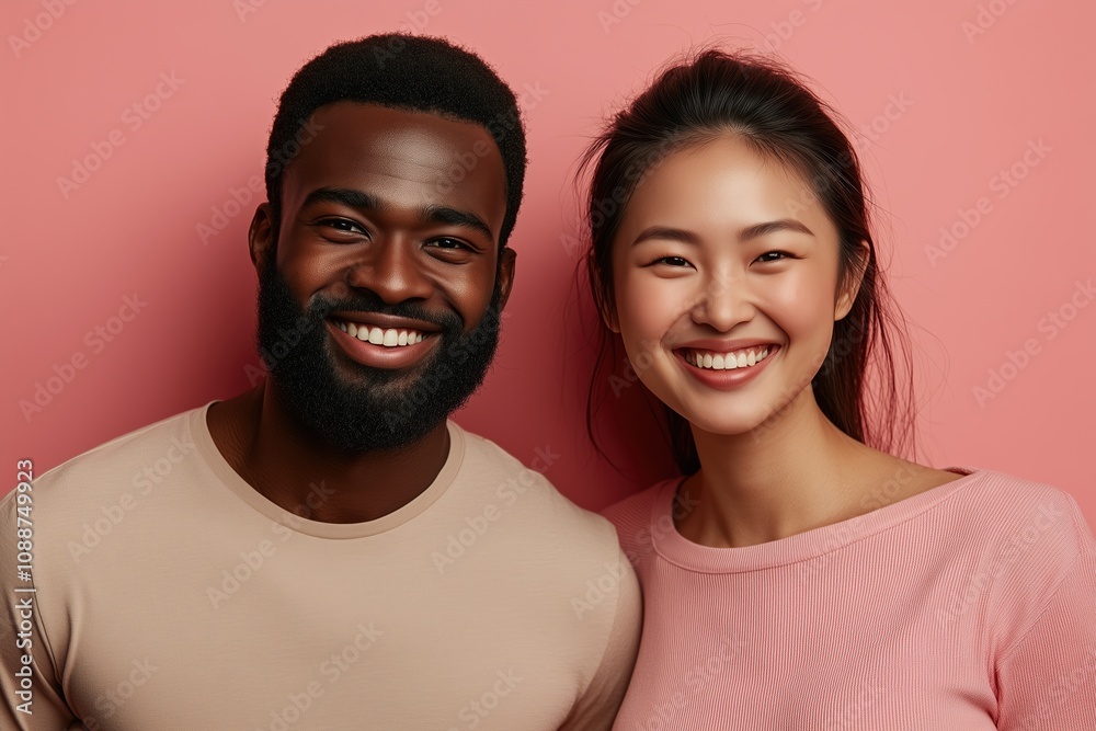 Beautiful young couple of different races posing happily, African American and Asian. against solid pink background Beautiful young couple of different races posing happily, African American and Asian. against solid pink background