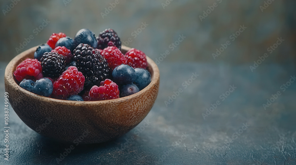 Fresh bowl of assorted berries including raspberries, blueberries, and blackberries, glistening with dew drops, perfect for healthy snack or dessert