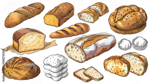 Colorful Sketchy Bread Loaf Slice Retro Style Collection
