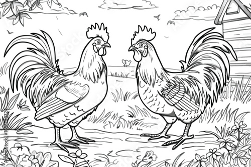 Coloring Page of Rooster and Hen on a Farm Vector Illustration