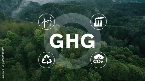 GHG Concept, Green house GAS, Renewable Wind Energy Turbines in Lush Mountain Landscape Promoting Sustainable Power photo