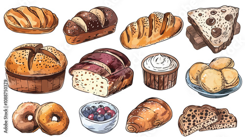 Colorful Retro-Style Sketchy Bread and Bakery Items
