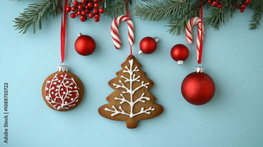 Gingerbread cookies with red Christmas balls and candy cane lollipop hanging over blue background and decorated with berries and rosemary. Top view, copy space. Gingerbread cookies with red Christmas balls and candy cane lollipop hanging over blue background and decorated with berries and rosemary. Top view, copy space.
