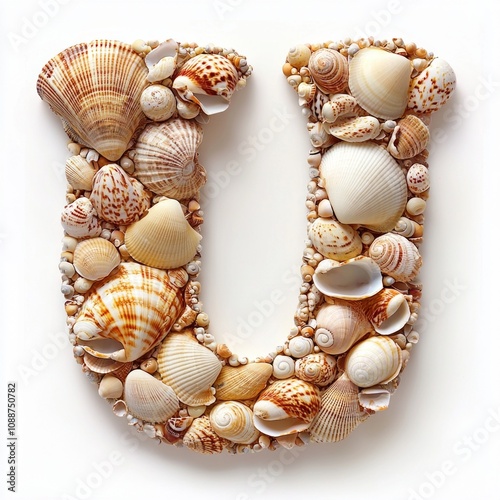 letter U artfully composed various seashells featuring textures and colors highlight natural ocean elements. It stands plain white background.