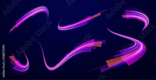 Light arc in neon colors, in the form of a turn and a zigzag. Creative vector illustration of flying cosmic meteor, planetoid, comet, fireball isolated on transparent background.