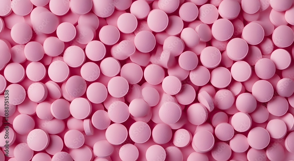 Close up together many pink round pills, all the same size and shape. Which highlights advanced drug technology with copy space Close up together many pink round pills, all the same size and shape. Which highlights advanced drug technology with copy space