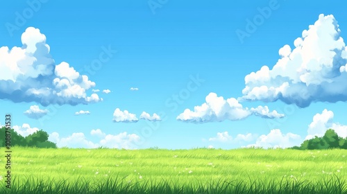 A serene landscape featuring lush green grass under a bright blue sky with fluffy cloud.