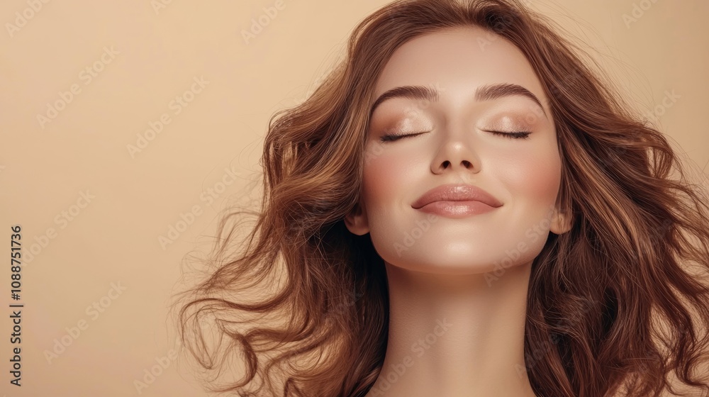 A skincare model with healthy skin and natural makeup poses on a white background with closed eyes. A skincare model with healthy skin and natural makeup poses on a white background with closed eyes.