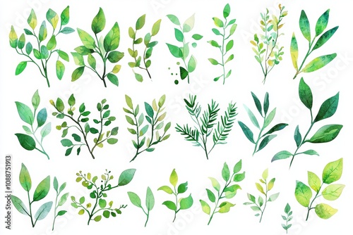 Wallpaper Mural Isolated watercolor tropical spring green leaves set isolated on transparent background, bouquets greeting card invite or decoration clipart mockup. Torontodigital.ca
