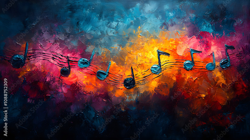 Abstract colorful musical notes and a music staff arranged artistically against a multicolored gradient background, symbolizing creativity, harmony, rhythm, and the vibrant energy of music in visual f Abstract colorful musical notes and a music staff arranged artistically against a multicolored gradient background, symbolizing creativity, harmony, rhythm, and the vibrant energy of music in visual f