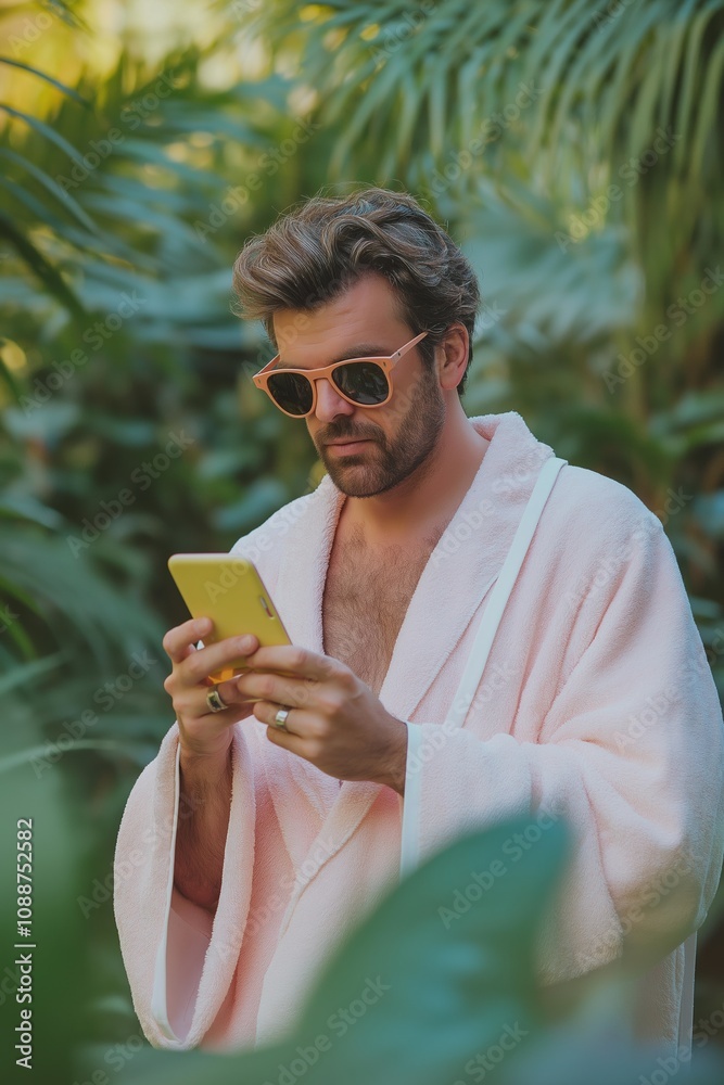 Obraz premium A man in a pink robe is looking at his phone. He is wearing sunglasses and has a beard