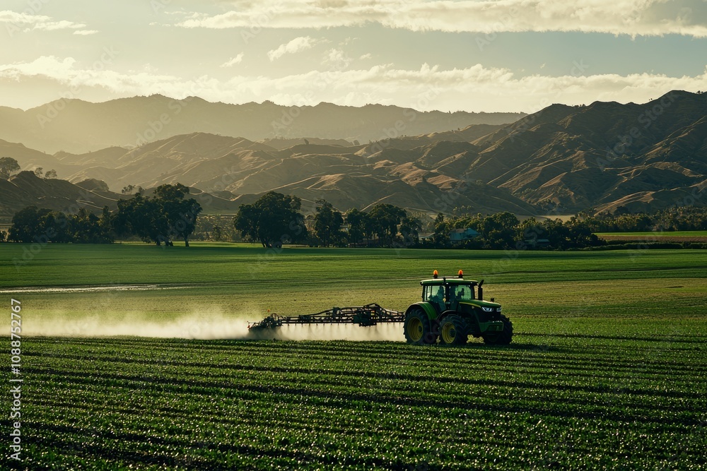 Fototapeta premium Agricultural tractor spraying fertilizer on agricultural field. Smart agriculture farming, agricultural food crops technology.
