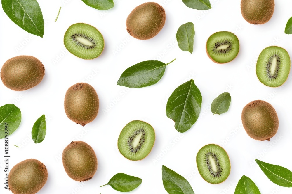 Slices of kiwis floating in the air with green leaves in the background. Fresh organic fruit with high vitamins and minerals. Slices of kiwis floating in the air with green leaves in the background. Fresh organic fruit with high vitamins and minerals.